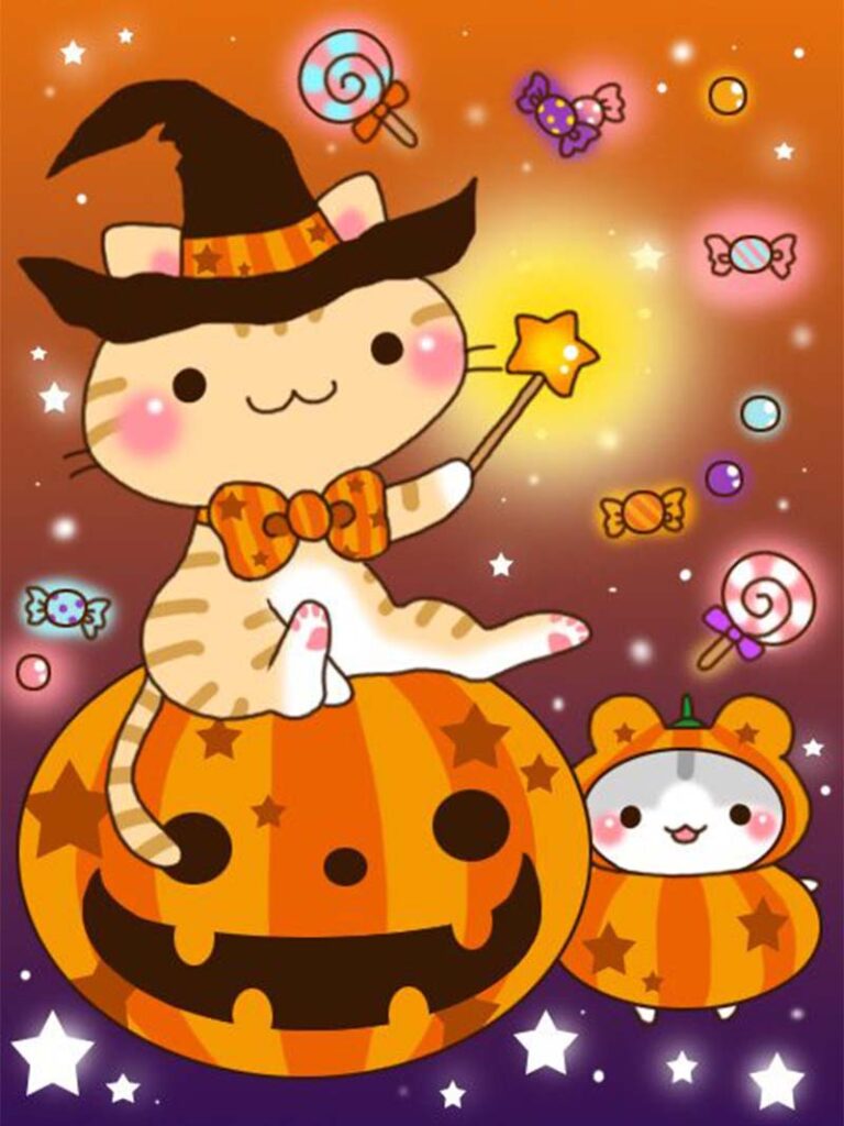 Adorable Cat Witch Kawaii Cute Halloween Wallpaper