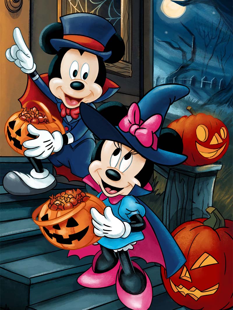Adorable Halloween Mickey Mouse Wallpaper with Minnie Trick-or-Treating