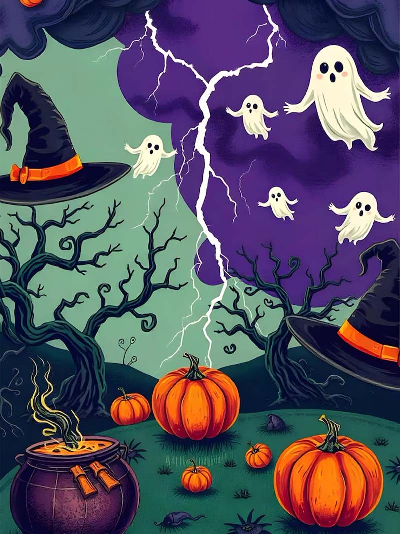 Colorful Spooky Scene in Artistic Halloween Collage Wallpaper