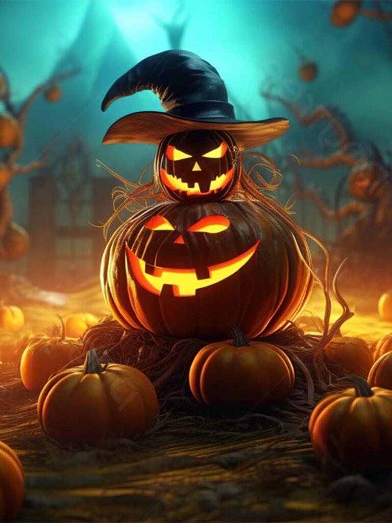 Glowing Pumpkins and Magic Hat in Stunning 3D Halloween Wallpaper