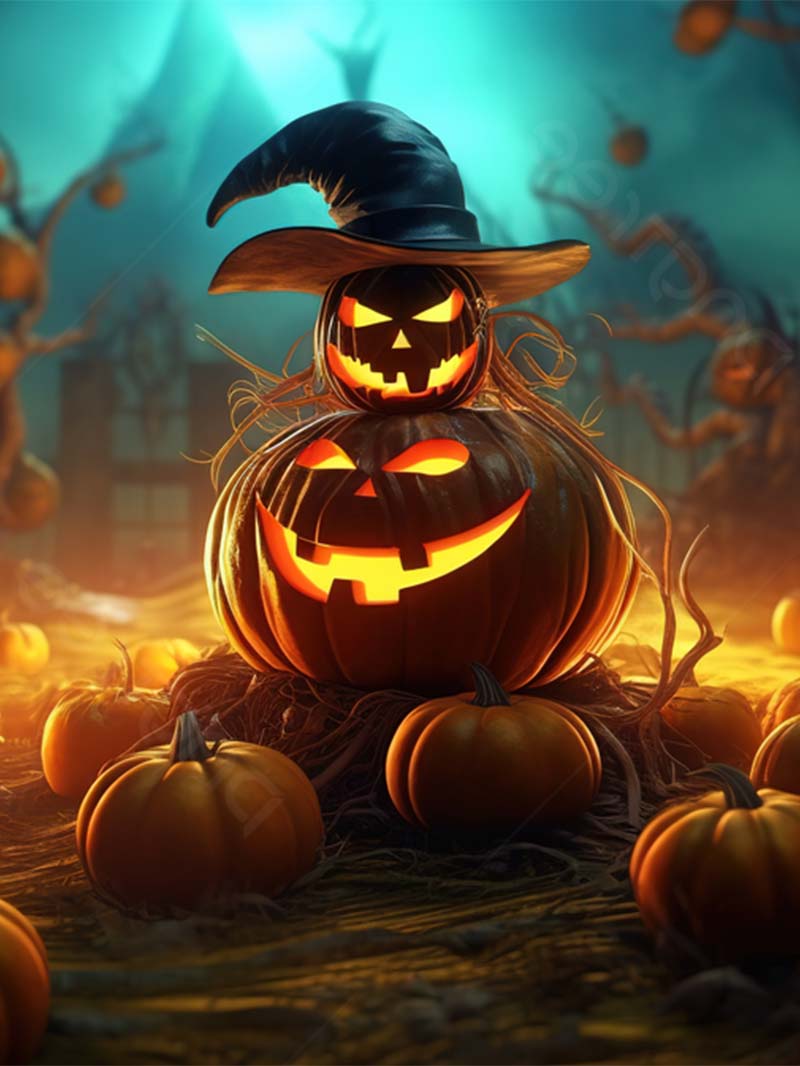 Glowing Pumpkins and Magic Hat in Stunning 3D Halloween Wallpaper