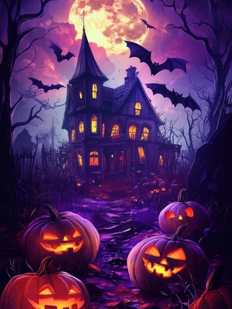 Haunted House with Pumpkins Purple Halloween Background