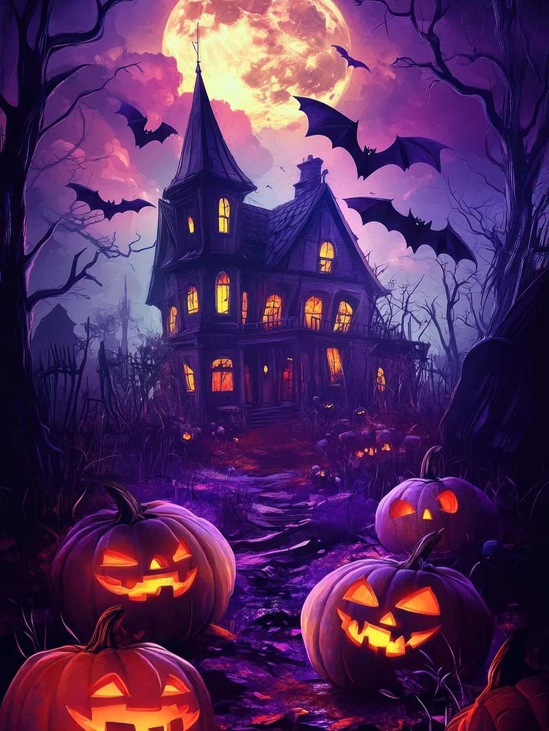 Haunted House with Pumpkins Purple Halloween Background