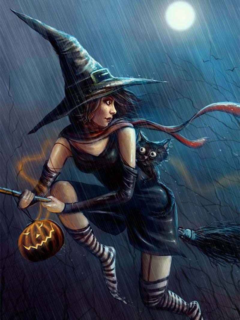 Mystical Halloween Wallpaper Witch Flying Under the Moonlight