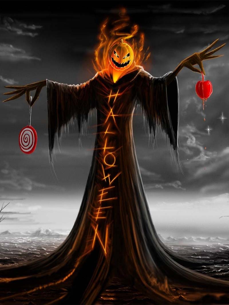 Sinister Dark Halloween Wallpaper with Fiery Pumpkin Reaper