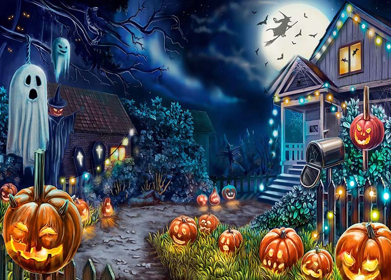 Spooky Cartoon Halloween Background With Pumpkins and Ghosts