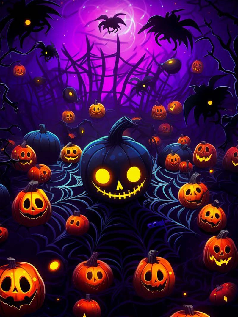 Spooky Cartoon Halloween Wallpaper with Glowing Pumpkins and Bats