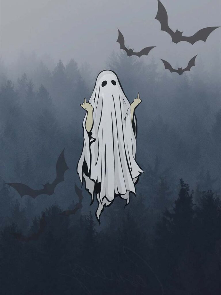 Spooky Ghost Halloween Wallpaper with Bats in Foggy Forest