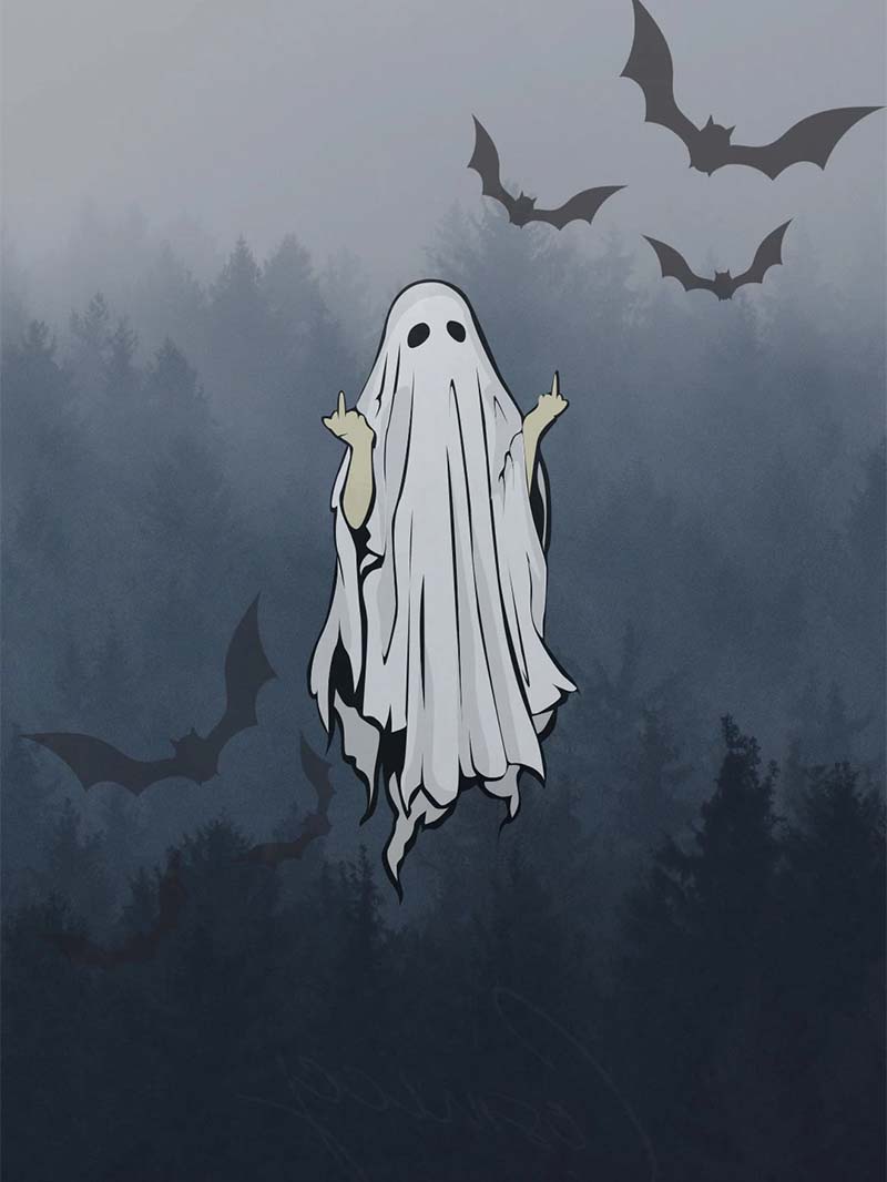 Spooky Ghost Halloween Wallpaper with Bats in Foggy Forest