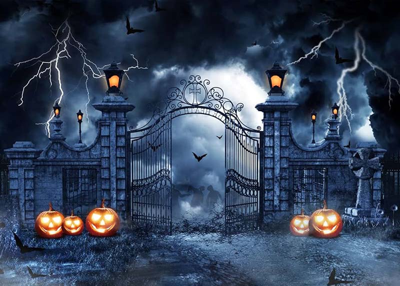 Spooky Halloween Background Party Setting with Jack-o’-Lanterns