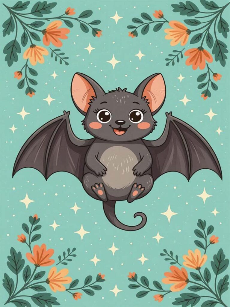 Adorable Cute Bat Wallpaper with Flowers and Starry Sky