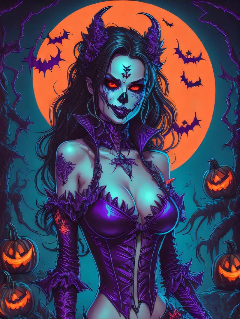 Beautiful demon woman with pumpkins in sexy halloween wallpaper