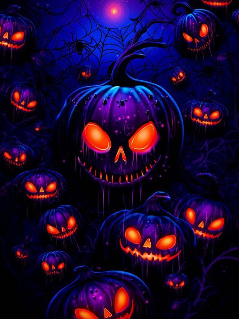 Blue Halloween wallpaper with glowing spooky pumpkins