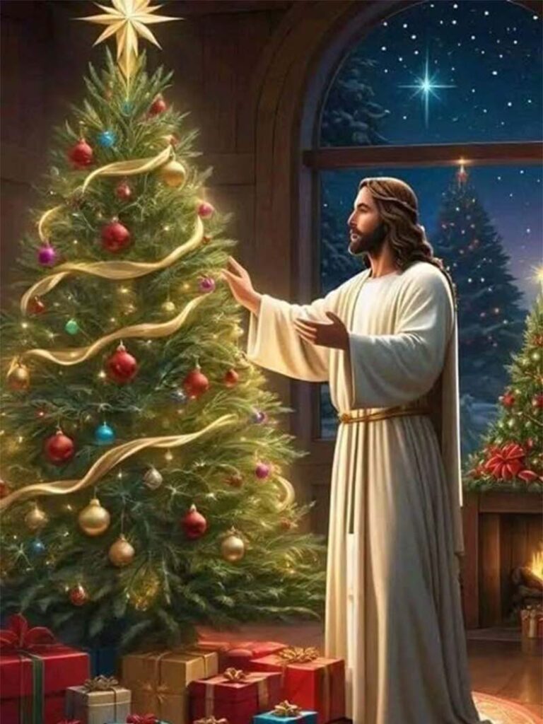 Christmas Jesus wallpaper with gifts and glowing tree lights