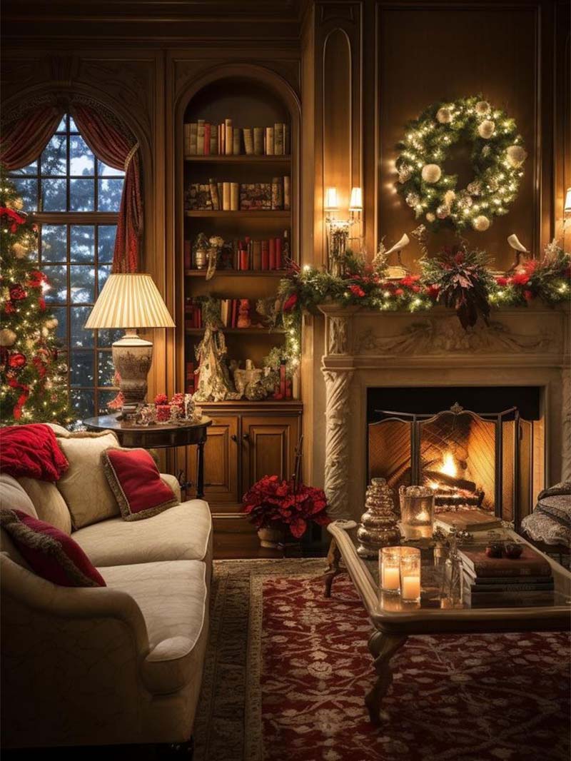Christmas preppy wallpaper with cozy living room decor