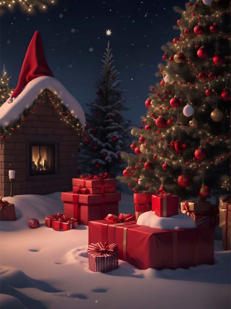 Christmas simple wallpaper with gifts under snowy tree