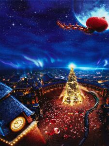 Christmas Village Wallpaper Santa Flying Over Golden Tree