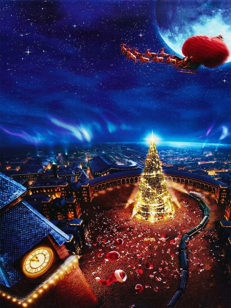 Christmas Village Wallpaper Santa Flying Over Golden Tree