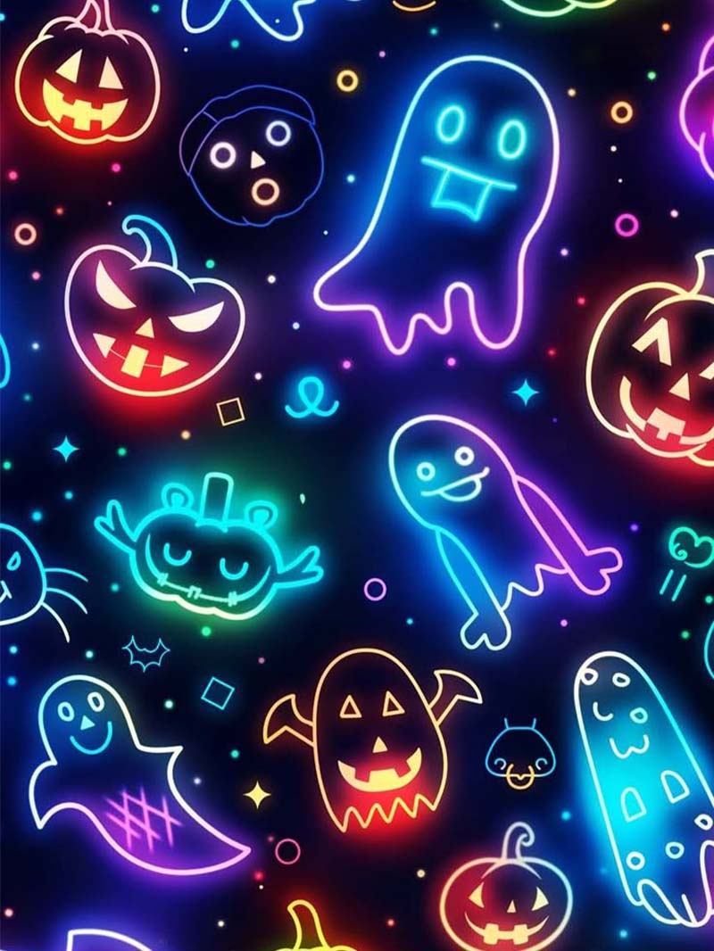 Colorful Neon Halloween Wallpaper with Glowing Ghosts and Pumpkins