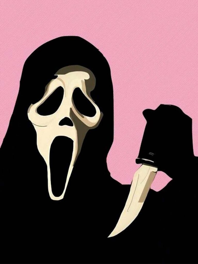 Creepy Halloween Wallpaper Scream Mask Design with Pink Background