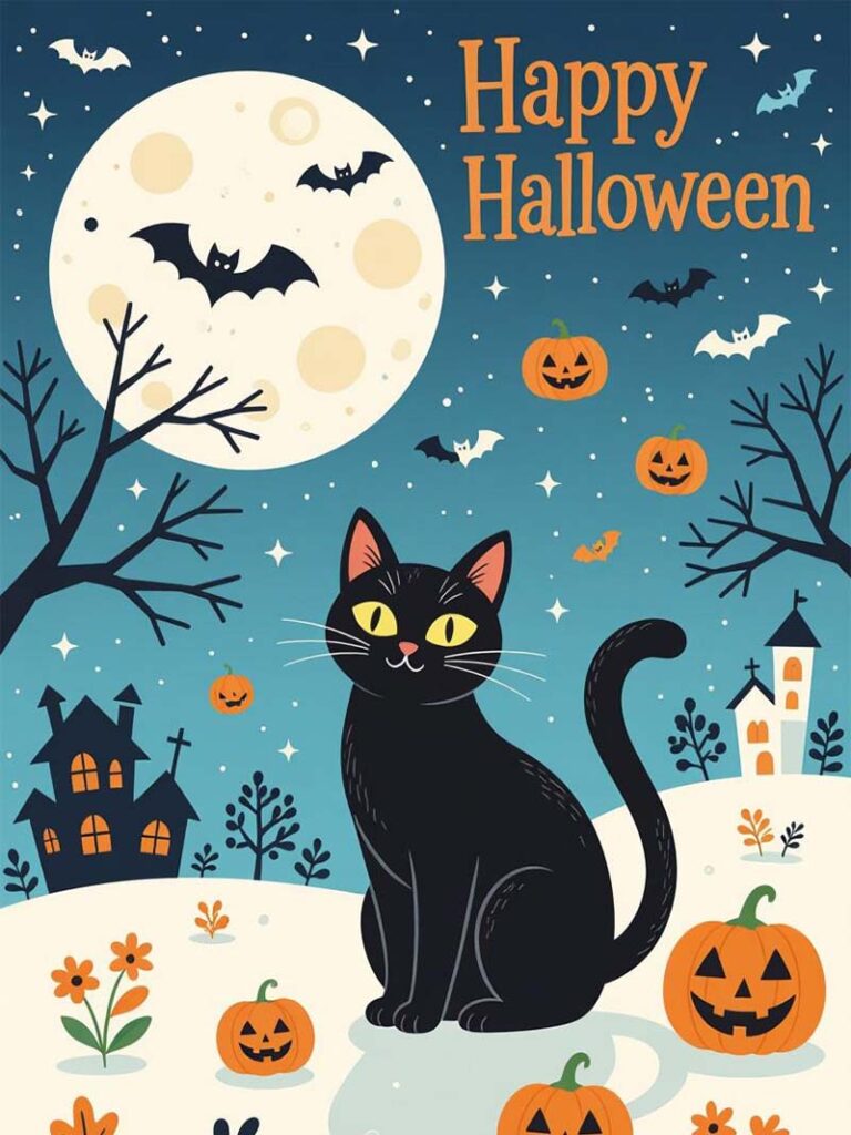 Cute Black Cat Halloween Wallpaper with Pumpkins and Bats
