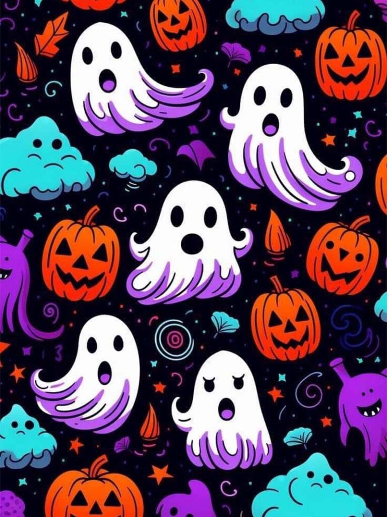 Cute Purple Halloween Wallpaper Fun Ghosts and Pumpkins Art