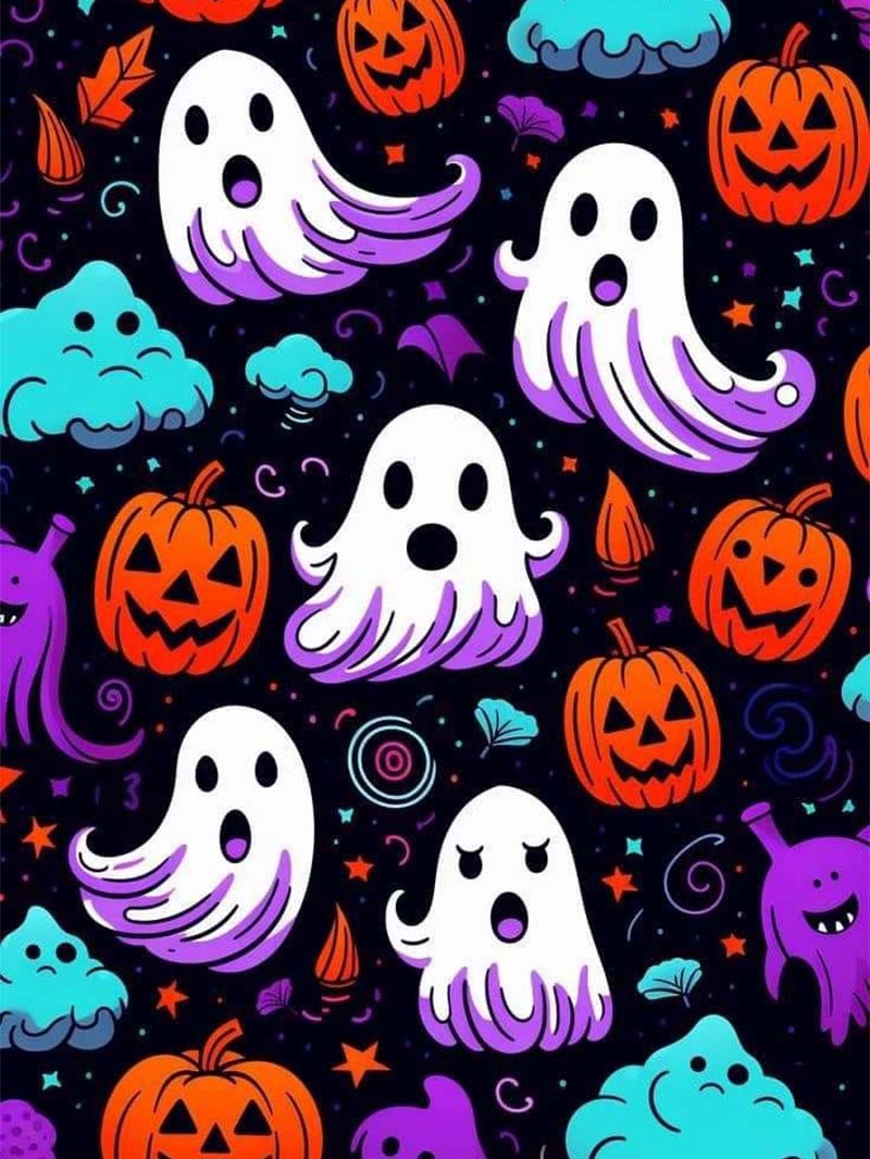 Cute Purple Halloween Wallpaper Fun Ghosts and Pumpkins Art