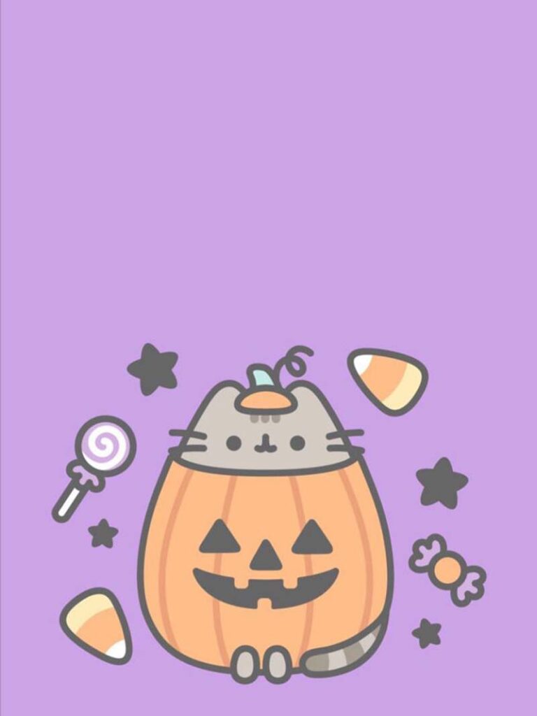 Cute pusheen cat inside pumpkin in adorable pusheen halloween wallpaper