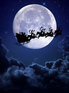 Dark Christmas wallpaper flying sleigh over full moon night