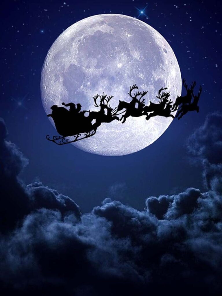 Dark Christmas wallpaper flying sleigh over full moon night