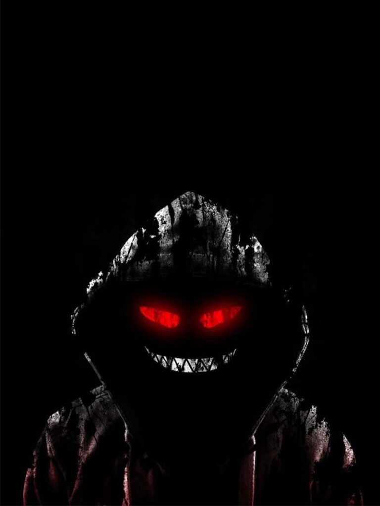 Dark Hooded Figure Scary Smile Wallpaper with Glowing Red Eyes