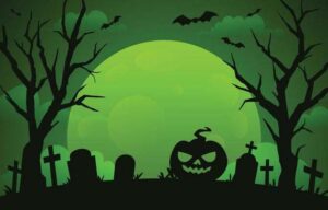 Green Halloween background eerie night with bats and pumpkins