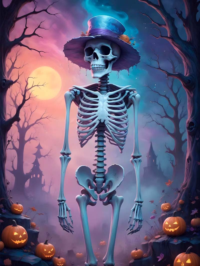 Magical Halloween Skeleton Wallpaper in a Spooky Moonlit Scene