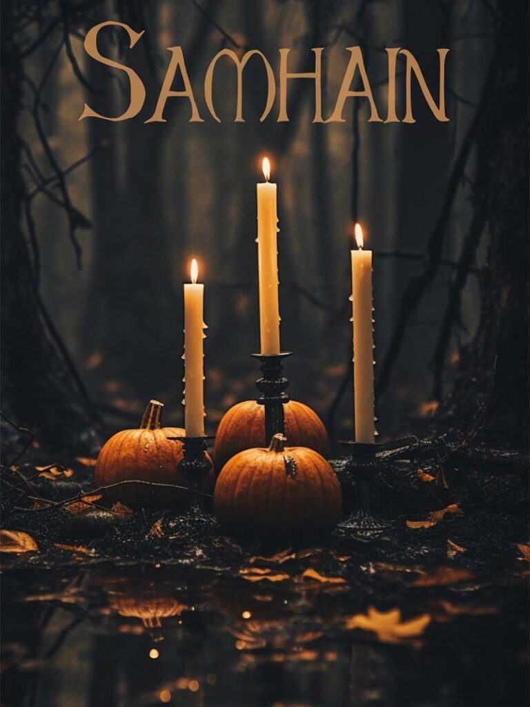 Samhain Wallpaper Dark Forest Pumpkins and Candlelight Magic