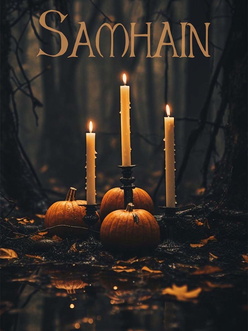 Samhain Wallpaper Dark Forest Pumpkins and Candlelight Magic