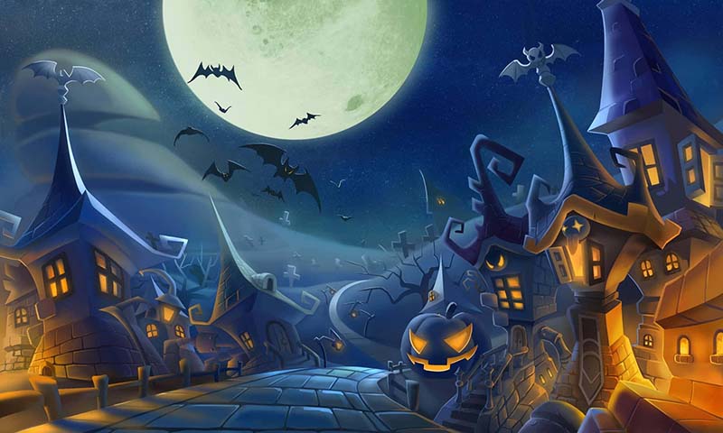Spooky Night in a Cartoon Halloween Town Wallpaper
