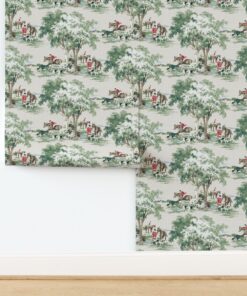 Hunt Scene Wallpaper in Muted Red on Tan